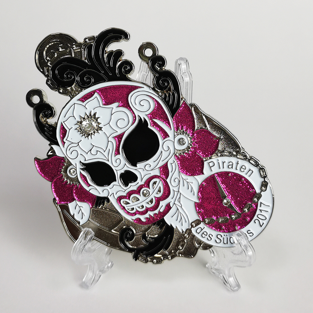 Fashion Water Brick Nickel Plated Pink Glitter Skull Carnival Medal Day of The Dead 