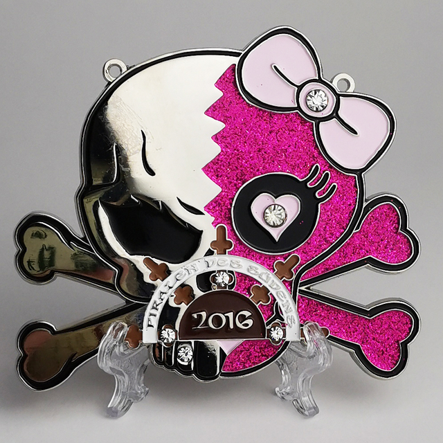 Fashion Water Brick Nickel Plated Pink Glitter Skull Carnival Medal Day of The Dead 
