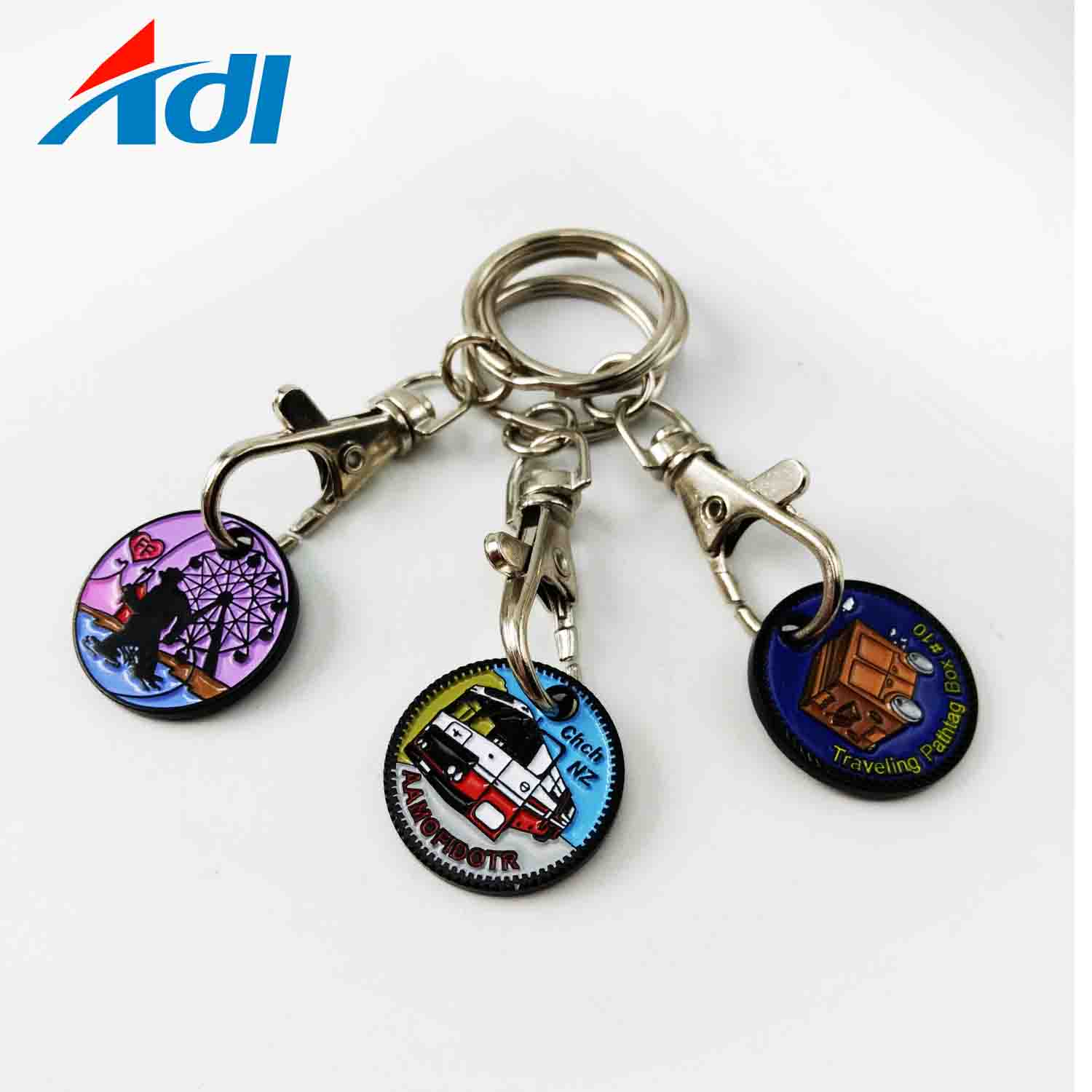 Promotional souvenir gift magnet coin metal trolley token holder keychain custom logo supermarket shop trolley key chain coins